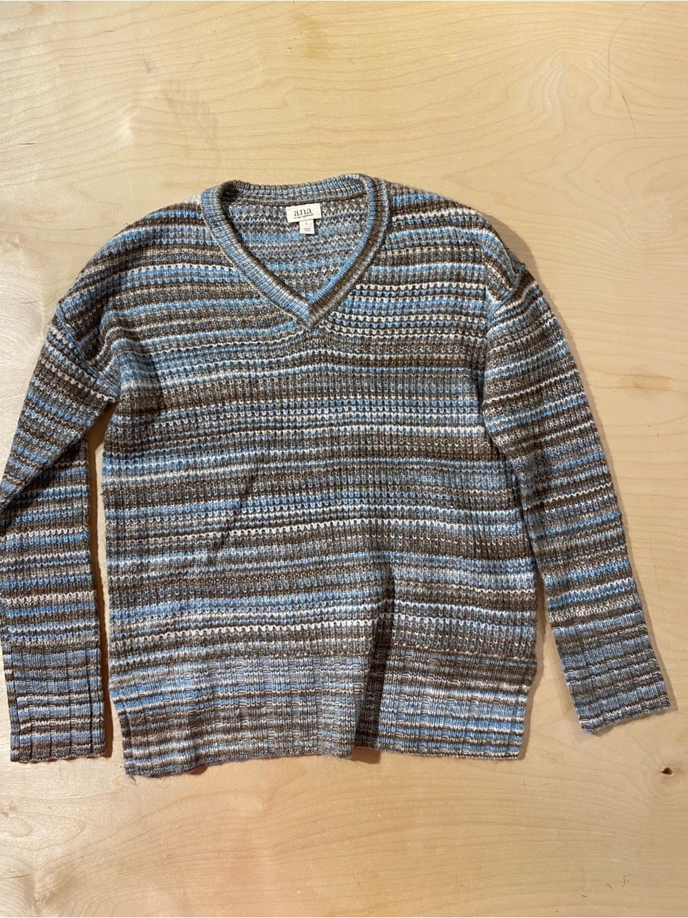 A.N.A Striped V-Neck Sweater in Brown & Light Blue Small (RY)